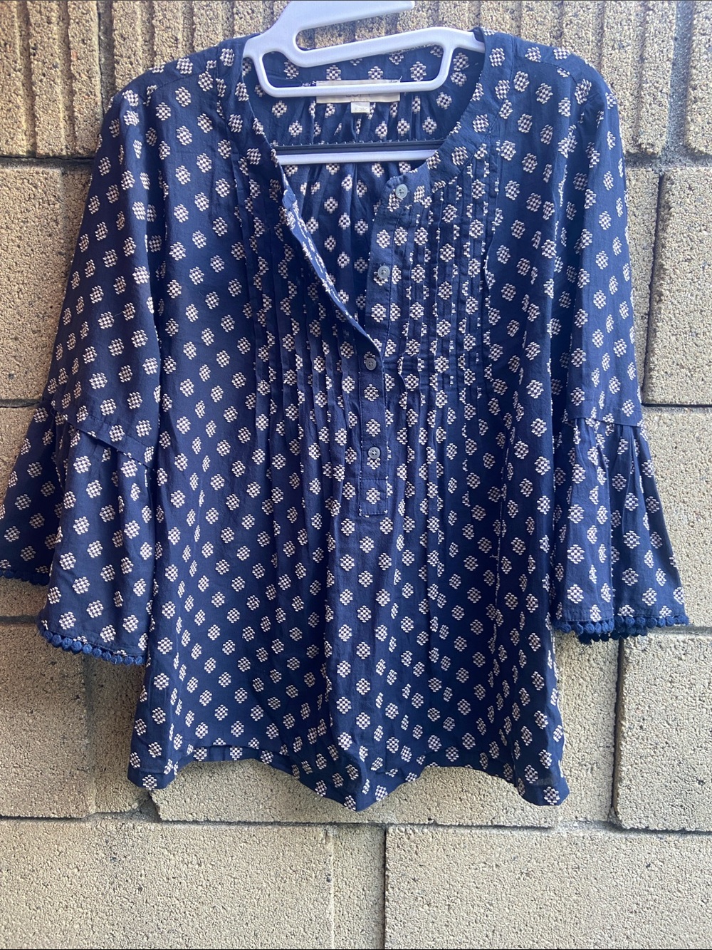 LOFT Navy Printed Pintuck Tunic with Flutter Sleeves